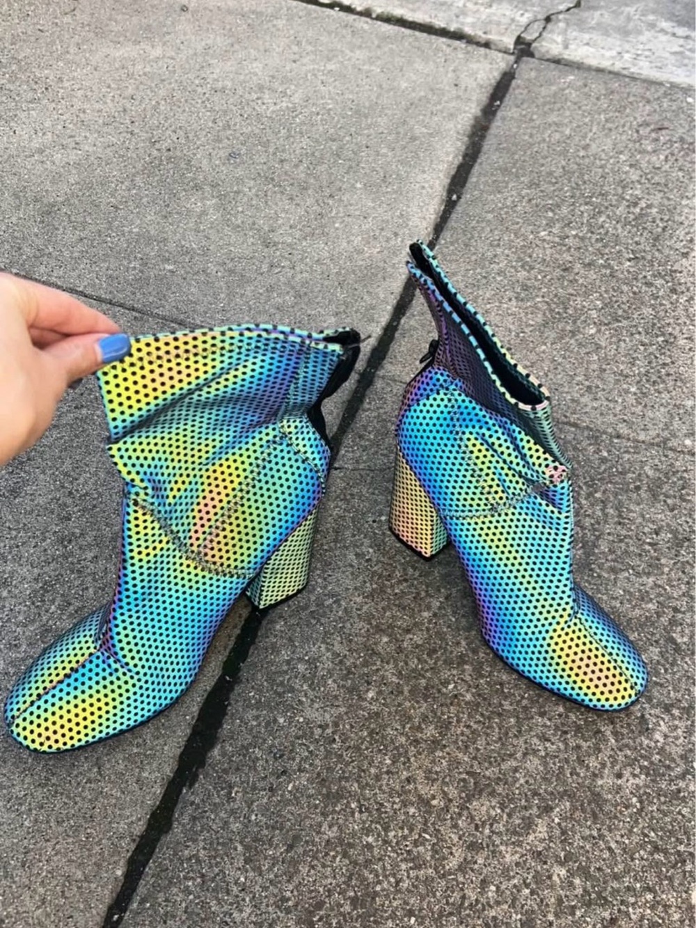 YRU Holographic Rainbow Mesh Ankle Boots - Blue/Yellow/Purple